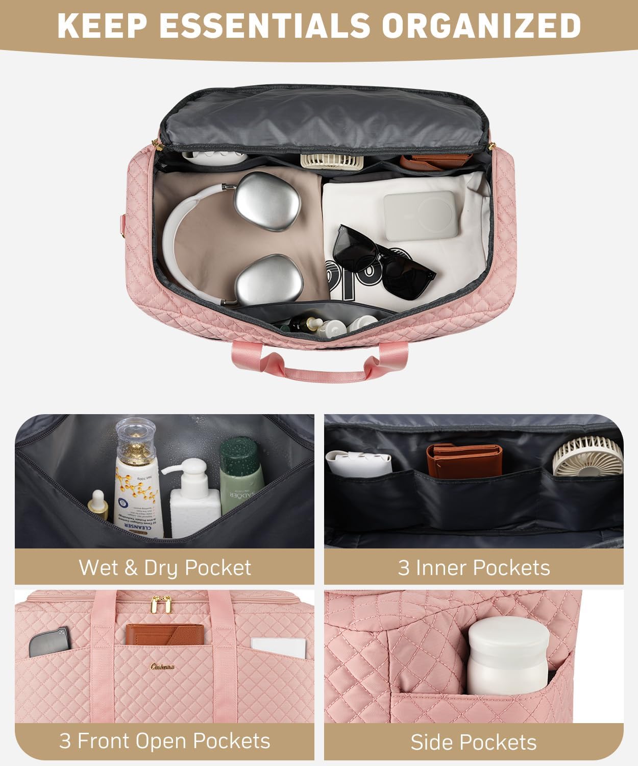 Duffle Bag for Travel, Weekender Bag with Shoe Compartment, Carry On Overnight Bag for Women with Toiletry Bag Duffel Bags with Wet Pocket for Gym Hospital Bags for Labor and Delivery Pink