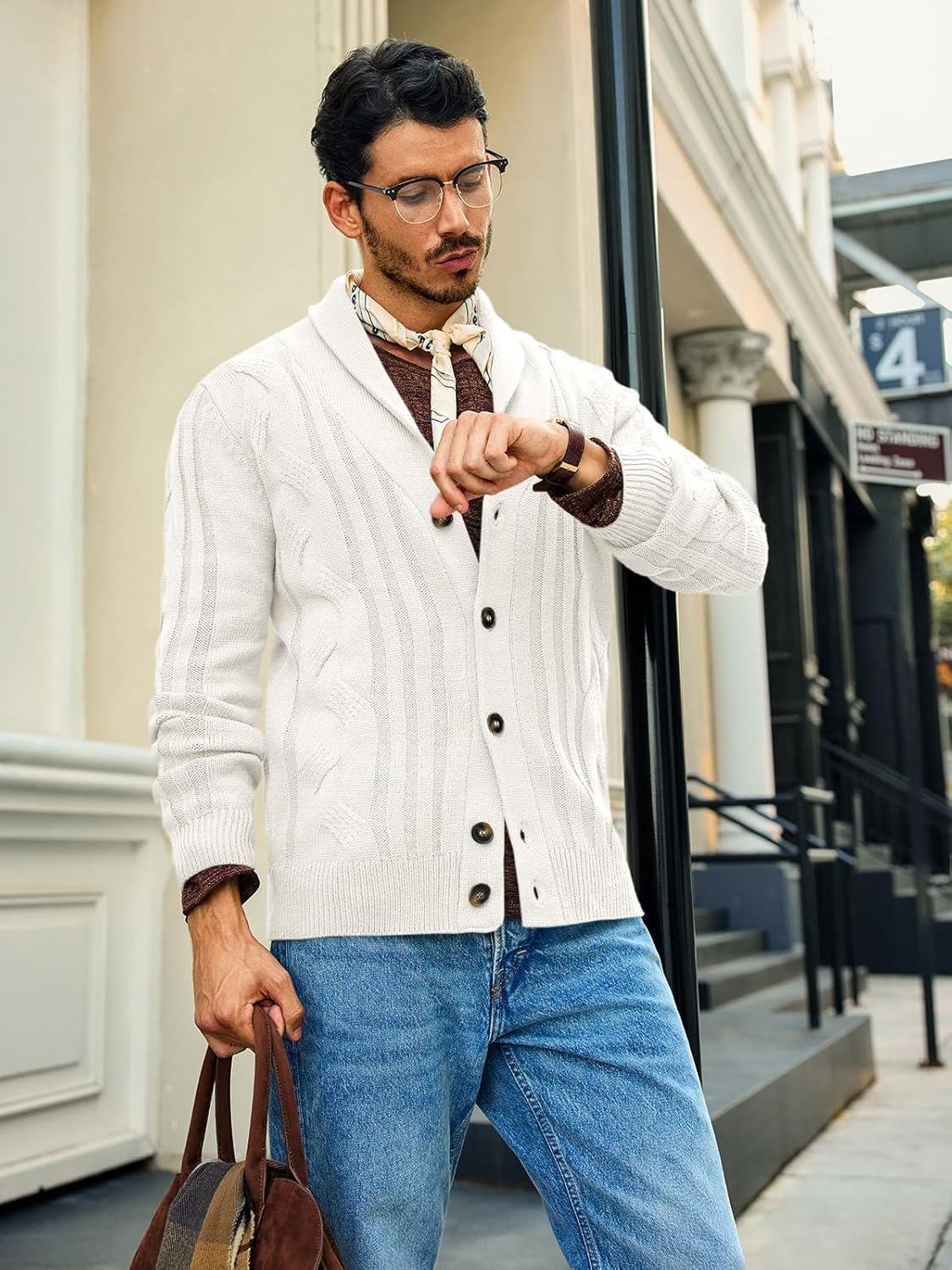 Runcati Mens Cable Knit Cardigan Sweater Shawl Collar Casual Button Down Long Sleeve Sweaters - Image 3