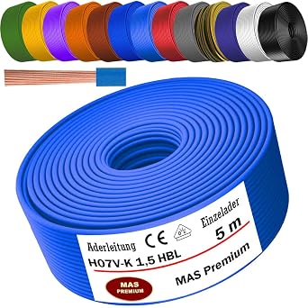 MAS Premium Core Cable H07 V-K 1 x 1.5 mm  SW HBL GNGE GN RT DBL BR OR GR WS VIO U-MAR.BL RS RTWS DBLWS or GE Single Core Flexible From 5 to 100 m Light Blue 5 m