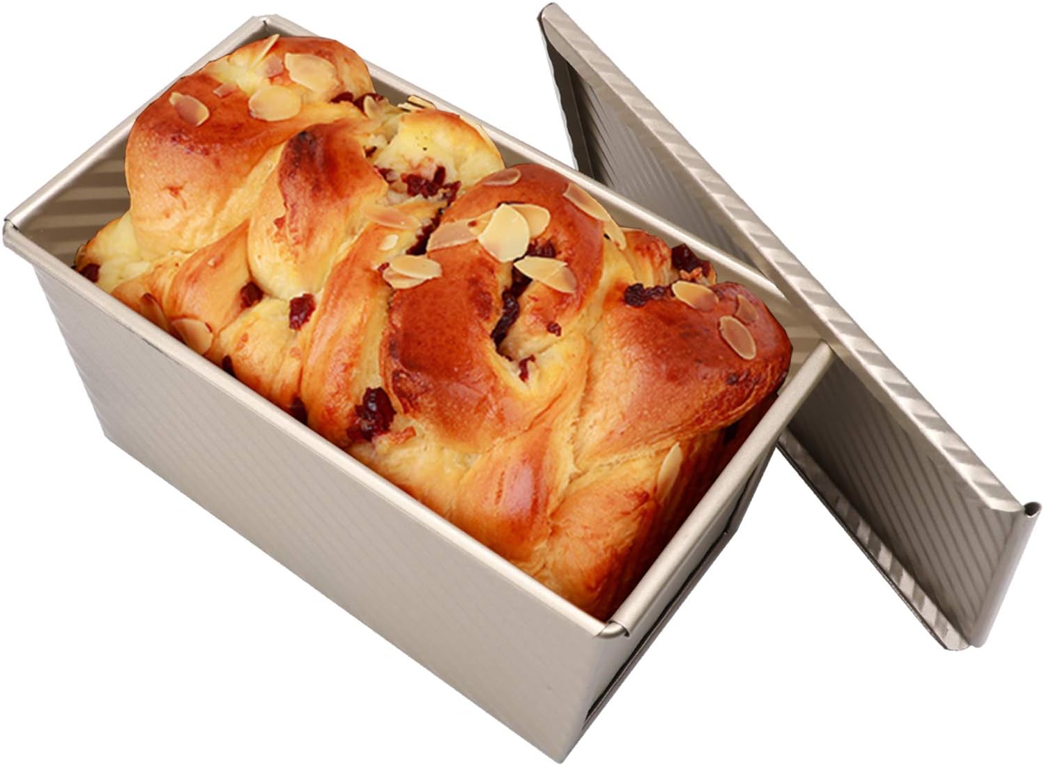 Rectangular Cake Pan Bread Toast Mold, BOSICAN Carbon Steel Bakeware Pullman Loaf Pan Non Stick with Cover Stripes Lasagna Casserole Baking Pan, Rust Free & Non Toxic, Easy Release Clean (Gold)