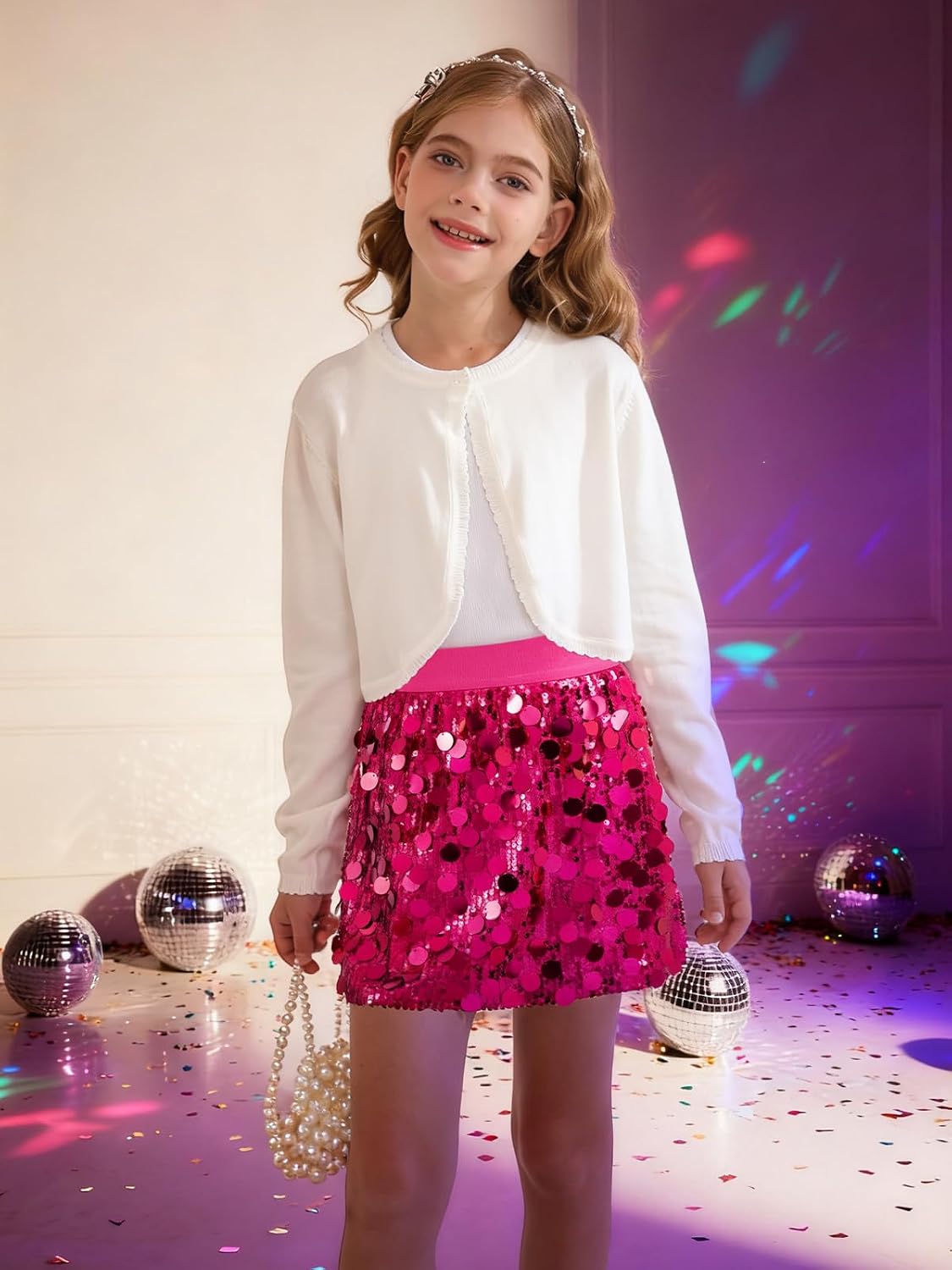 DAXIANG Girls Sparkly Sequin A Line Skirt Kids Elastics Waist Shiny Skirt with Built in Shorts for Party Birthday 5-12 Years
