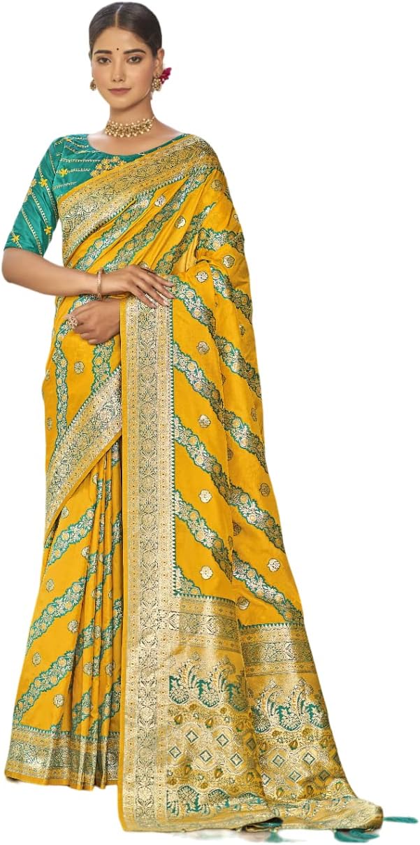BishtHub Fashion Sari Keri de seda jacquard Kanjivaram para mujer con pieza de blusa sin costuras (Silk Keri Nevy