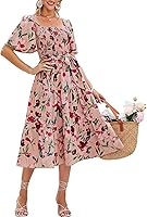 Amegoya Women's Boho Floral Smocked Midi Dress - Square Neck Flowy Sleeves, Wedding Guest, Maternity, Spring Fall