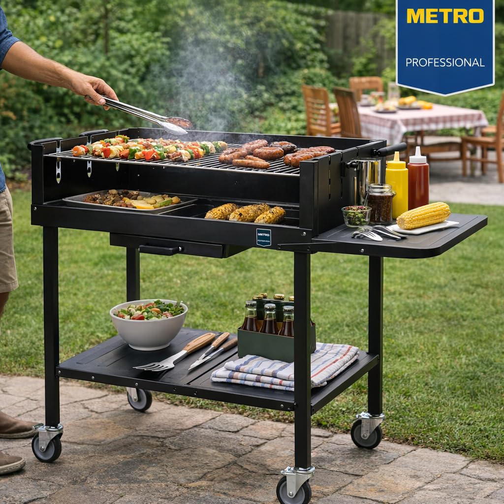METRO Professional Barbecue DELUXE au charbon de bois sur roulettes, 137 x 68 x 94 cm, housse de protection et tablette, acier/inox, noir