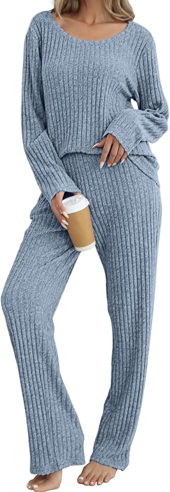 Womens Ribbed Knit Pajama Set Long Sleeve 2 Piece Loungewear Outfits Soft Pj Clothing Set with Pockets