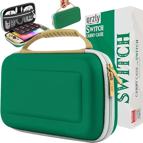 Orzly Carrying Case for Nintendo Switch OLED Console with Accessories and Game Storage Compartment - Easy Clean Case Gift Boxed, GoldGreen,