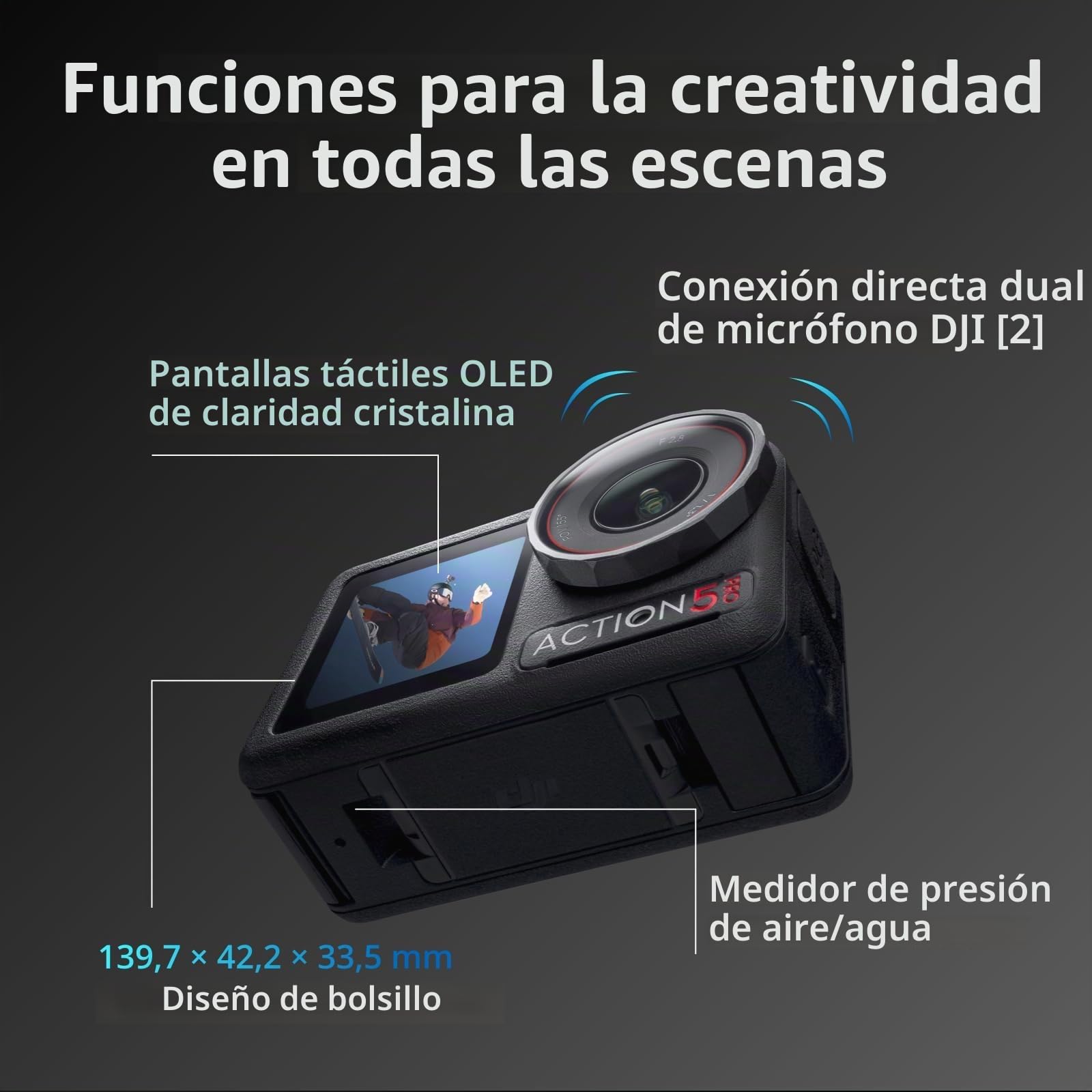 DJI Osmo Action 5 Pro Pack Aventura, cámara Deportiva, Sensor 1/1.3", batería Aumentada a 12 h con 3 baterías, estabilización, 2 Pantallas táctiles OLED (5 Pro Adventure Combo)