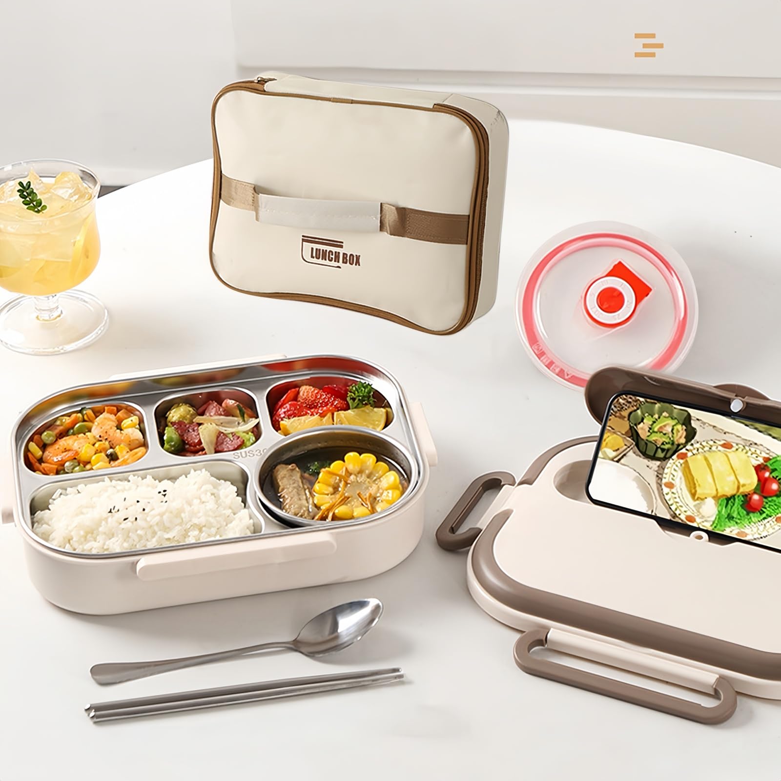 Stainless Steel Lunch Box, 1500ML Large Insulated Bento Lunch Box with Tableware&Bag, 5 Compartment Divided Lunch Containers, Dishwasher Safe, BPA Free Leakproof Snack Boxes for Kids Adult