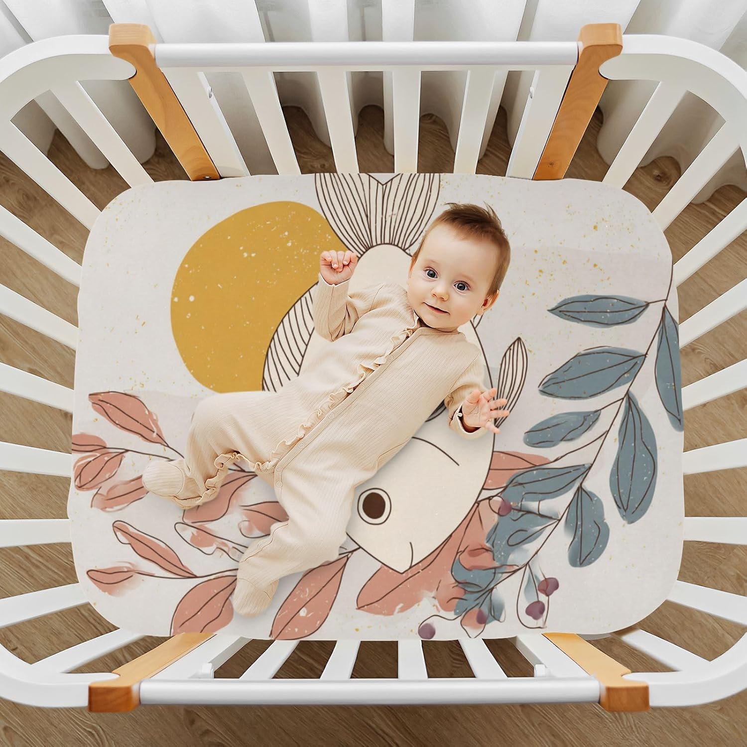 Crib Sheets Baby for Boys Girls Breathable Neutral Toddler Bed Sheets for Standard Size Toddler Mattress 39x27 Inch Blue White Fish Flowers Japanese Simple Style
