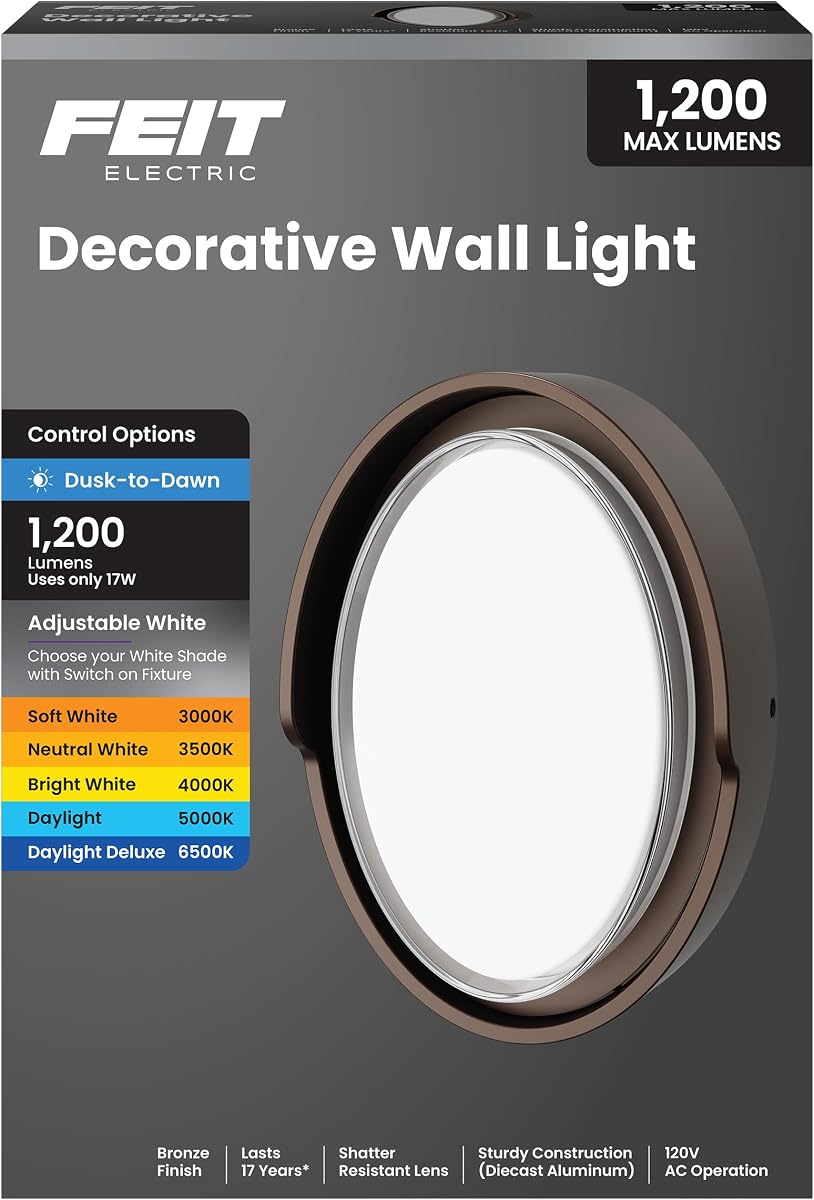Feit Electric Lámpara LED de pared para exteriores, 1200 lúmenes, luz de porche de atardecer a amanecer con color seleccionable 5CCT (3000K–6500K), accesorio de montaje en pared exterior de bronce, aplique LED con clasificación húmeda S10OWM/5CCT/DD/BZ
