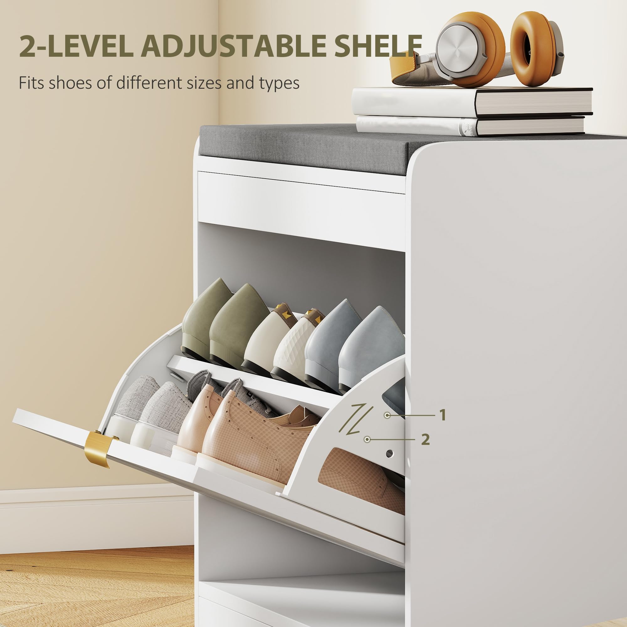 HOMCOM Banco Zapatero Estrecho 1 cajón abatible, 5 Pares, Blanco | 4 ventilaciones, entrada, pasillo, cojín