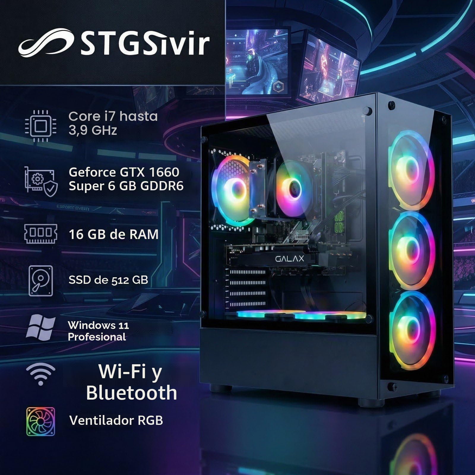 STGsivir PC Gaming, Ordenador de Sobremesa Gaming, Core i7 hasta 3.9GHz, Geforce GTX 1660 Super 6GB GDDR6, 16GB RAM,512GB SSD,WiFi 6,BT5.0,RGB Ventiladores x6,Windows11 Pro