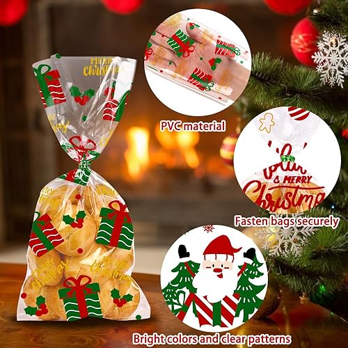 Miniatura 3 de YUJUN 160 bolsas de celofán de Navidad, bolsas de celofán de Papá Noel, bolsas transparentes para violonchelo, lazos para invierno, Navidad,