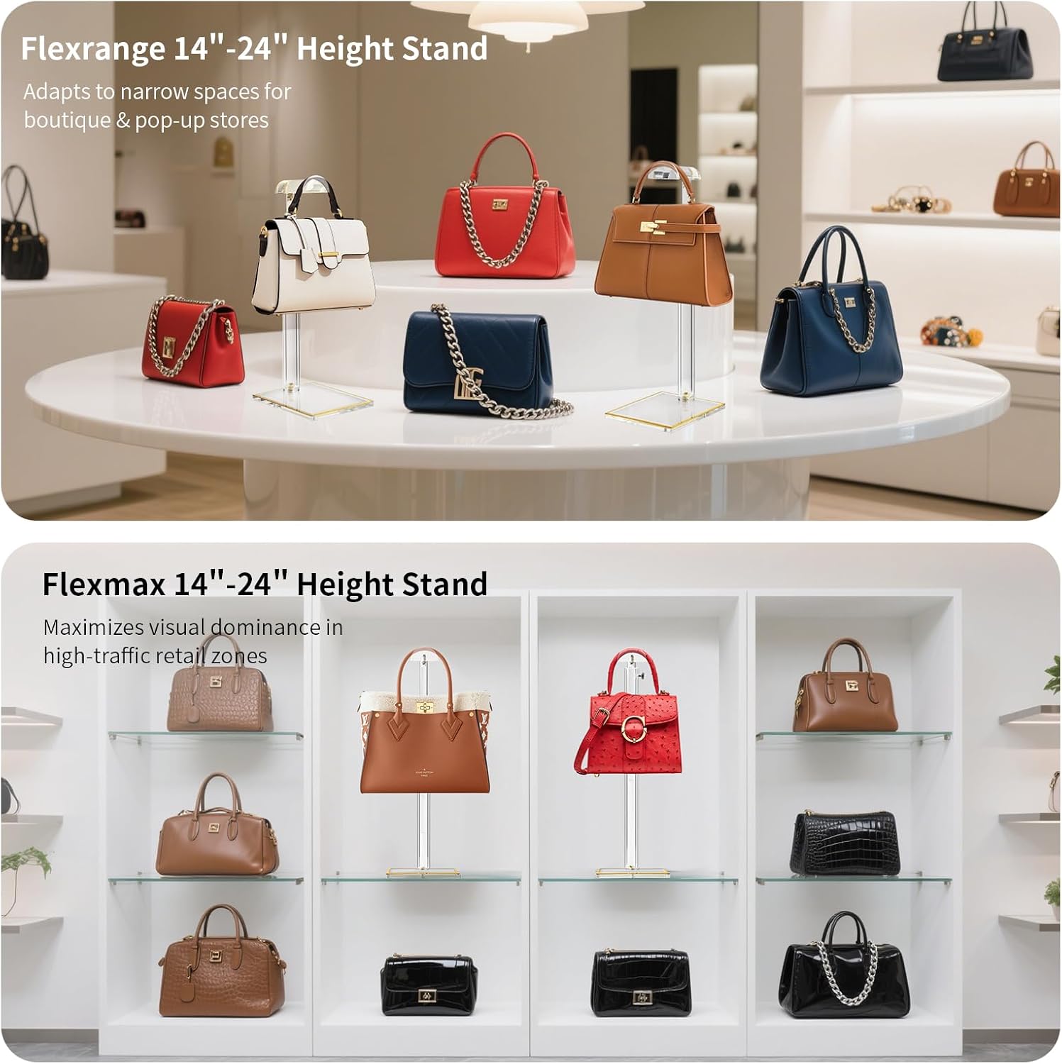 Acrylic Purse Display Stands, 14"-24" Adjustable Height Handbag Holder, Clear Purse Rack Stands for Closet Retail, Durable Gold Trim Hanging Bag Wallet Jewelry Necklace Organizer Stand(PATENT PENDING) - Image 7