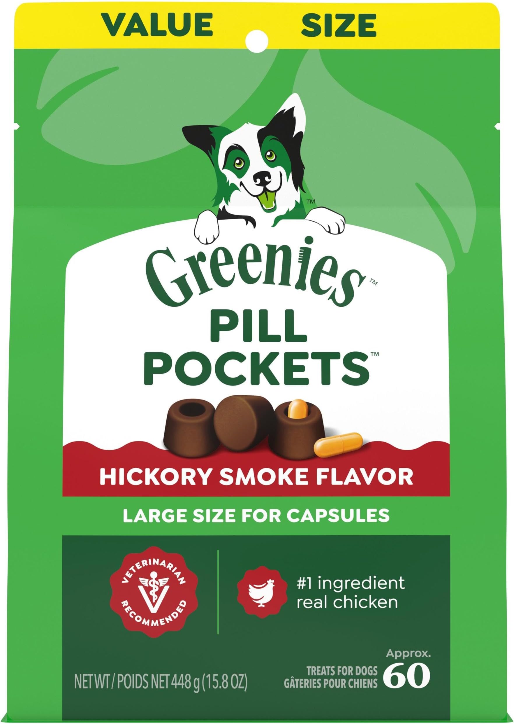 Greenies Pill Pockets for Dogs Large Size, Soft Dog Treats, Hickory Smoke Flavor, 15.8 oz. Pouch (60 Treats)
