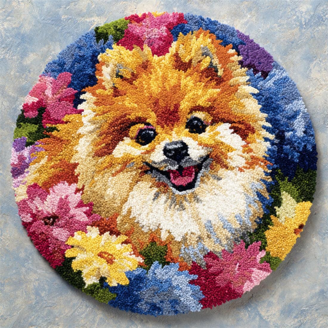 Rqwybcaxn DIY Latch Hook Rug Kit for Adults Animal Embroidery Kit Dogs and Flowers 50x50cm Round Washable Area Rug Living Room Wall Hanging