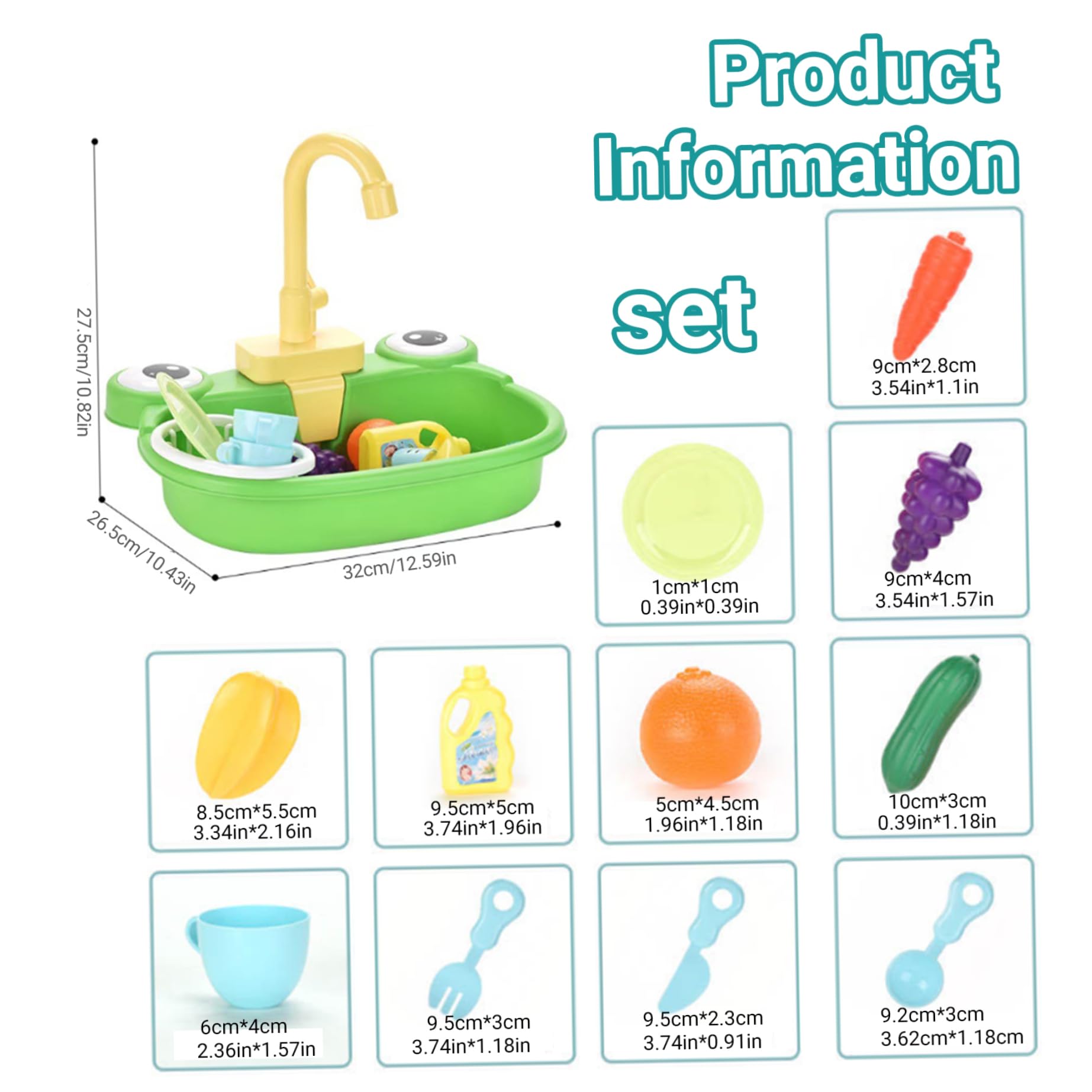 Lavello per Bambini con Acqua Corrente, Lavello da Gioco a Rana in Plastica con Rubinetto Girevole a 180°, con Modello Giocattolo Verdura, Frutta, Stoviglie, Detersivo e Cestello Scolapiatti, Giocatt