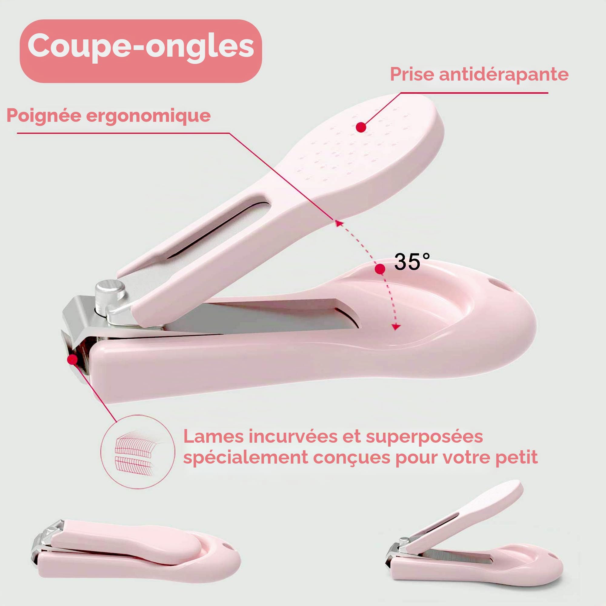 Manucure Bébé | Kit 4-en-1 avec Étui, Coupe-Ongles, Ciseaux, Lime et Pince à Épiler | Kit Soins des Ongles Bébés et Jeunes Enfants | Nouveau-né Spécial Protection pour Bébé (pink)