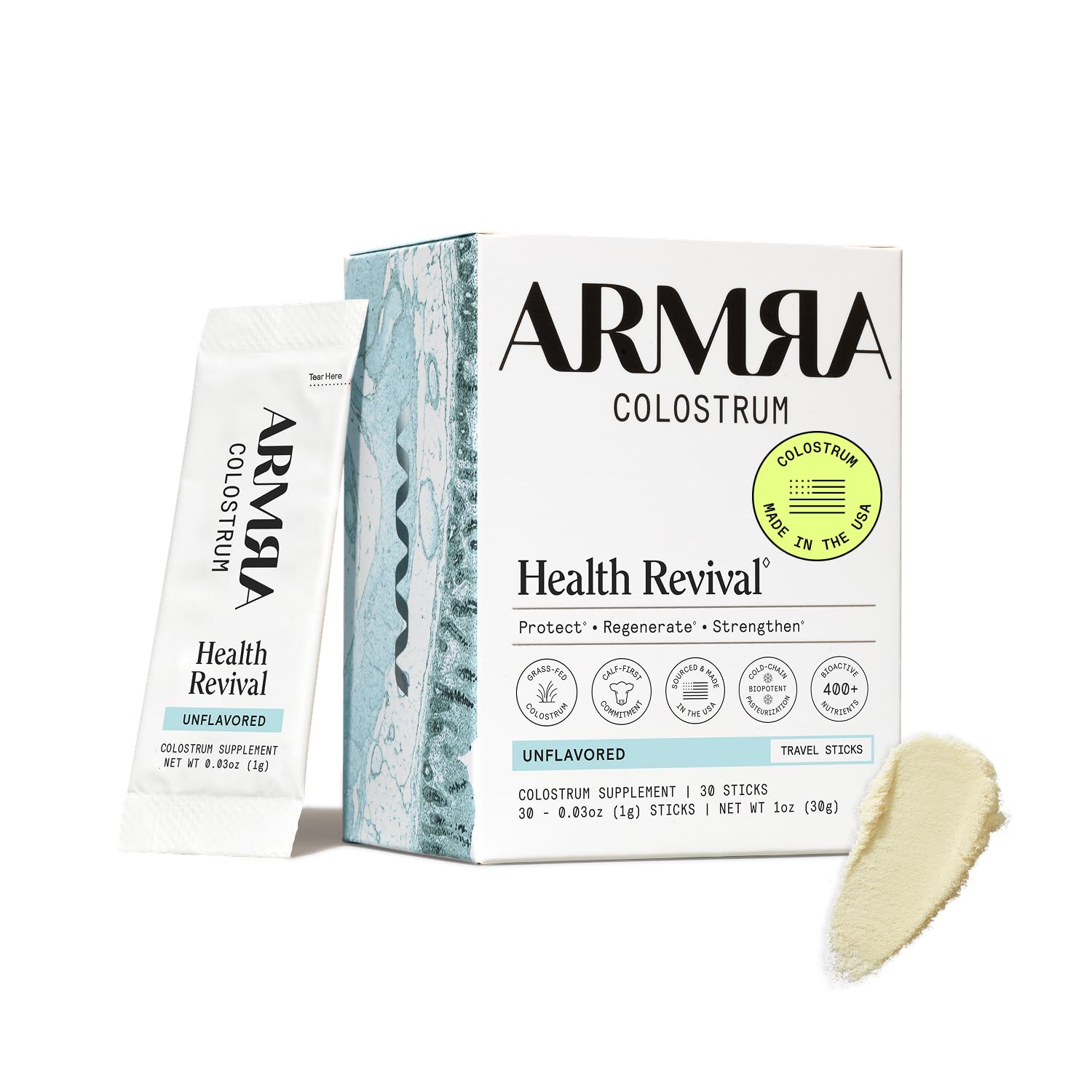 ARMRA Colostrum Powder, Unflavored, 30 Serving Travel Sticks | Gut Health | Debloat | Hair & Skin | Immune Support | Keto | Gluten Free | Grass Fed Bovine Colostrum Supplement