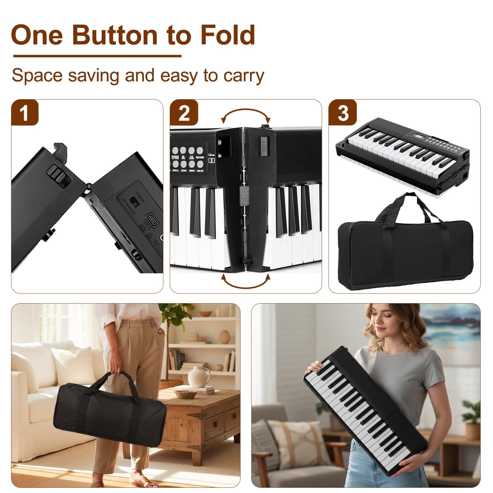 Elektronische Keyboard Piano, Bluetooth Faltbare 61 Tasten Digitale Klavier mit Netzadapter, Pedal, Notenständer, Aufkleber, Tragetasche, Geschenk für Anfänger