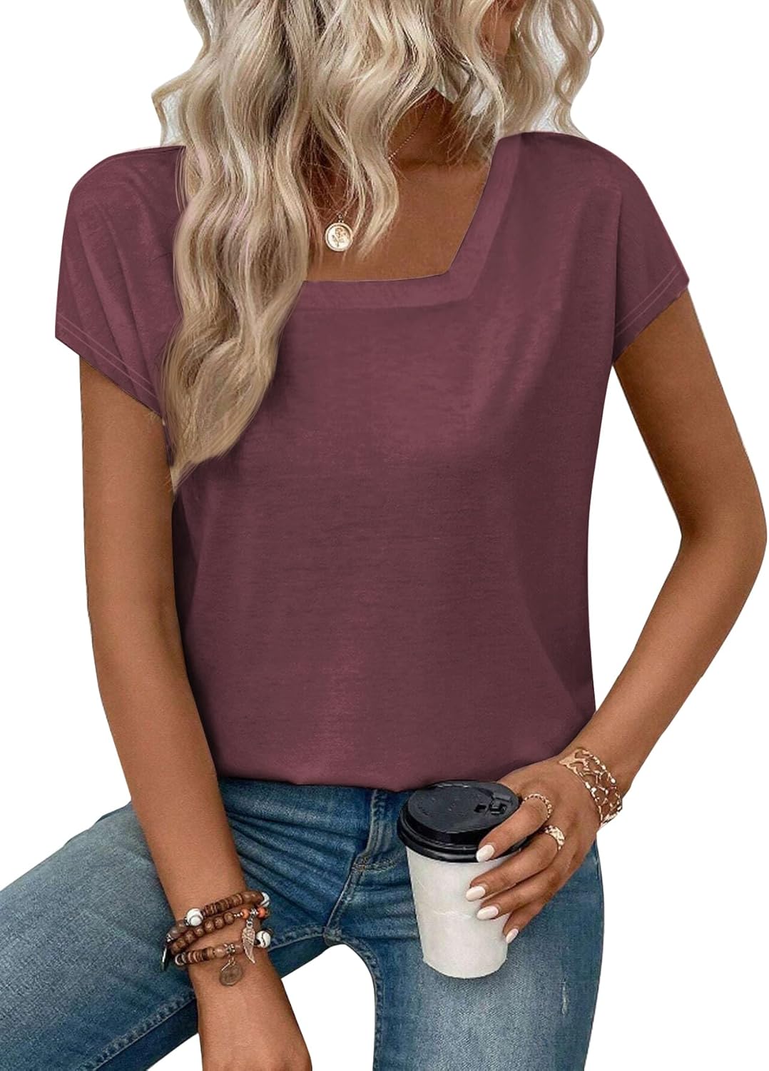Womens Square Neck T Shirts Short Sleeve Summer Tops Casual Basic Tee Shirt 2025 Trendy Fashion Clothes - Image 5