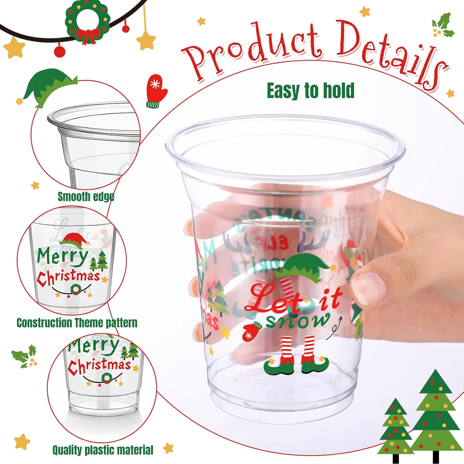 FoldTier 50 Pcs Christmas Elf Cups 12 oz Elf Plastic Cups Clear Xmas Disposable Cups Christmas Theme Drinking Cups for Home Xmas Winter Holiday Theme Party Favors Kitchen Supplies Decoration (Elf)