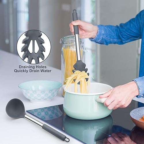 Miniatura 5 de TeamFar Utensilios de cocina de silicona, 2 cucharones grandes antiadherentes para sopa y tenedor de pasta para cocinar, mezclar, servir sopa,