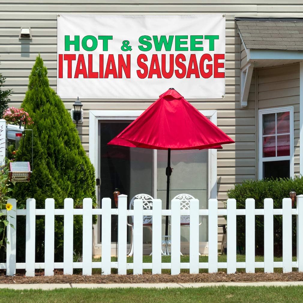 Vinyl Banner Multiple Sizes Hot & Sweet Italian Sausage Green Red Food Bar Restaurant Food & Beverage Italian Cuisine Outdoor Weatherproof Industrial Yard Signs 4 Grommets 16x40Inches