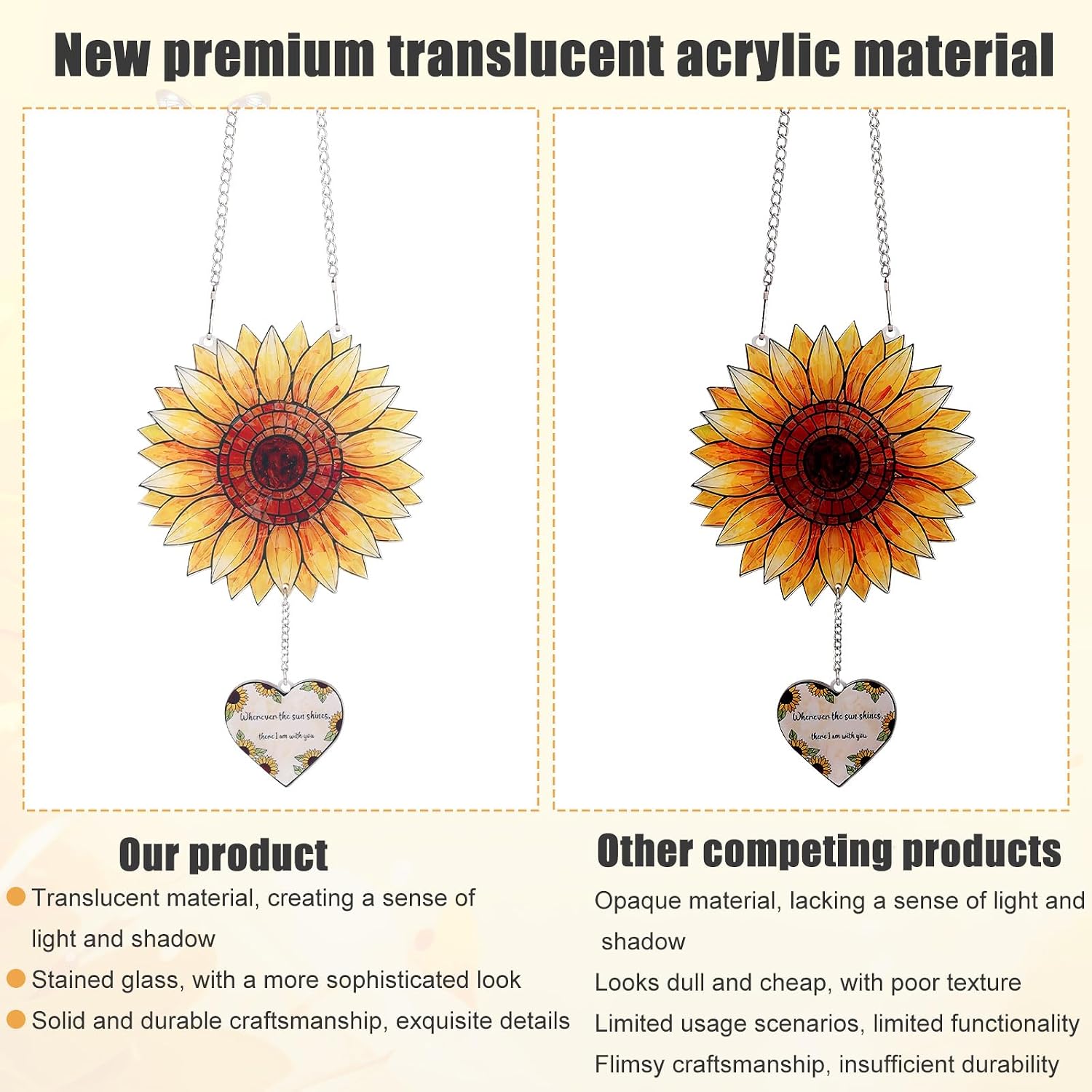 Sunflower Sunlight Ornament with Heart Charm & Chain, Acrylic Sunflower Decor Memorial Window Hanging for Loved One Mom Sympathy Bereavement Gift Ideas & Remembrance Keepsake
