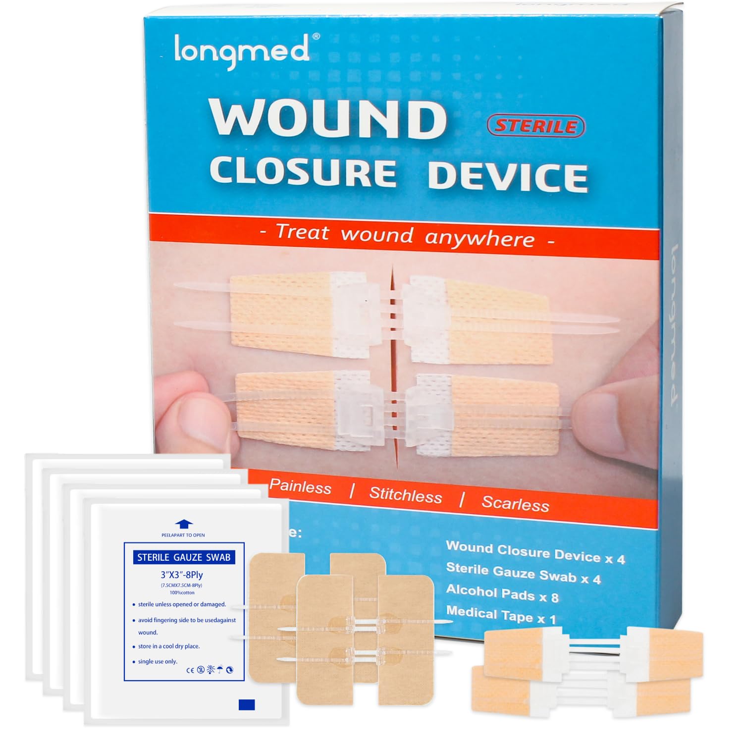 Emergency Laceration Closures Kits - 4 Pcs Repair Wounds Without Stitches Skin Wound Closure Device for First Aid Kit Supplies Zip Sutures for Quick Wound Closures Adhesive Bandages Kit