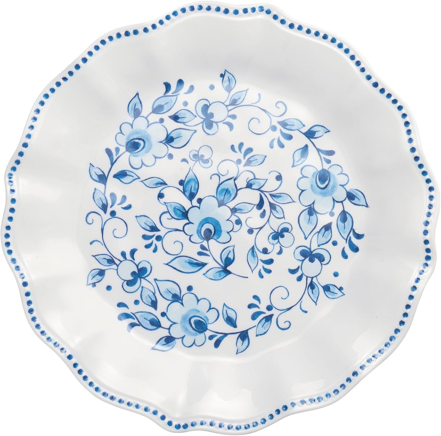 UP Blue and White Floral Melamine Salad Plate Set, Flower Shaped Plates with Beaded Edge for Risotto, Pasta, and Salad, BPA-Free, Dishwasher Safe, Blue, 8.5 Inch, Set of 6
