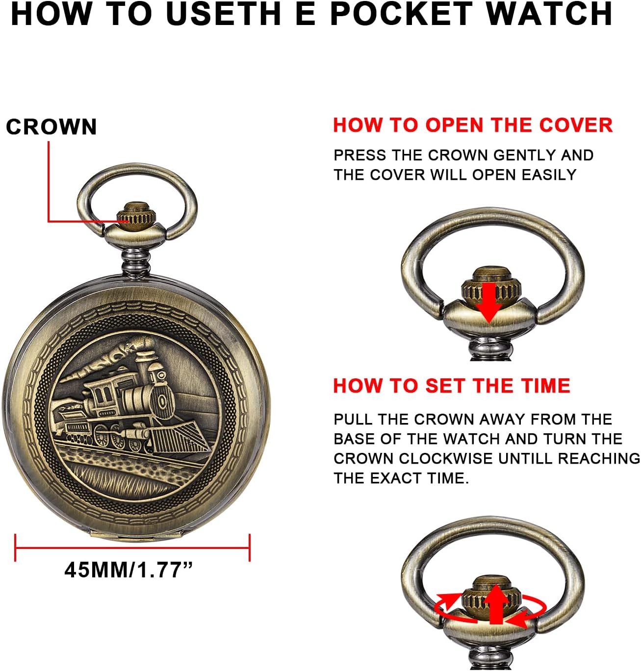 Locomotive Bronze Pocket Watch for Men,Arabic Numerals White Dial Pocket Watches for Men, Men's Pocket Watch with Chain