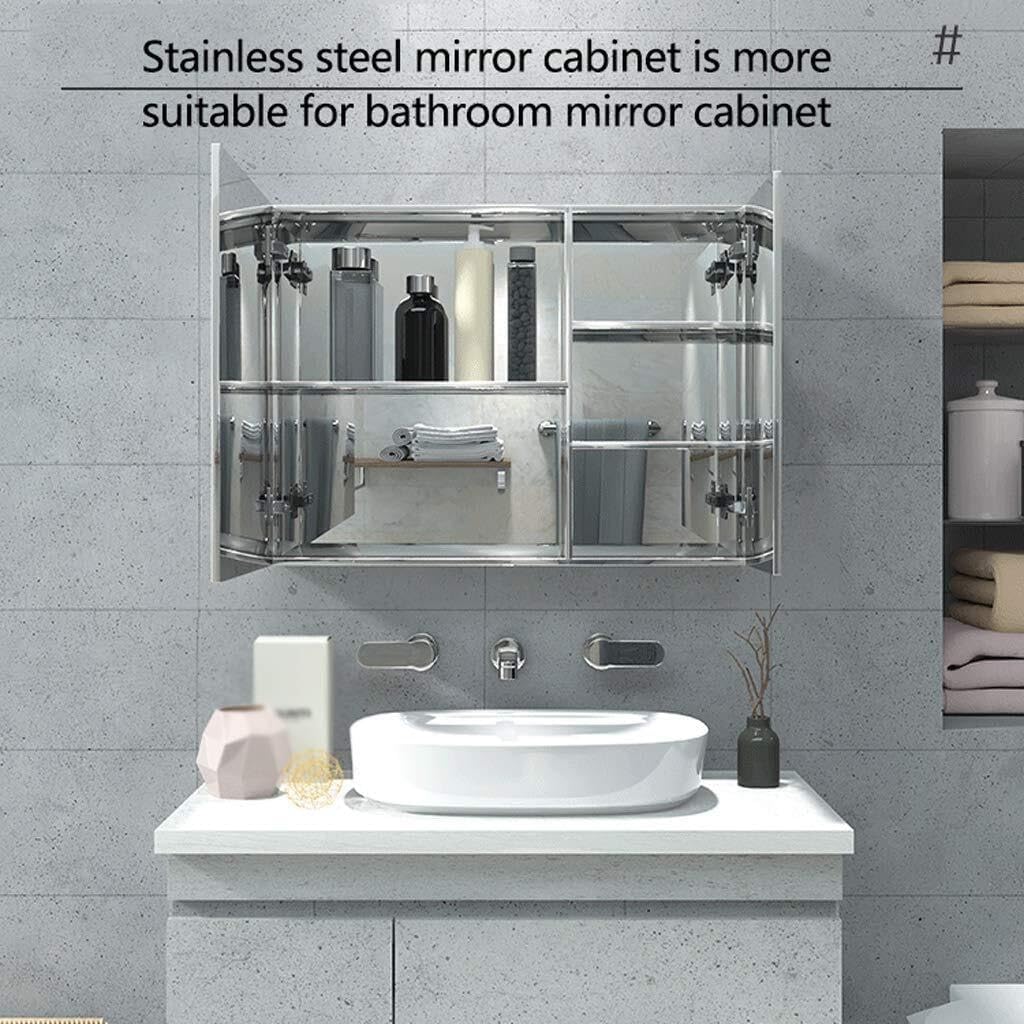 Bathroom Mirror Cabinet, Stainless Steel Wall Mounted Storage Cupboard, Large Storage Space with Light, for Kitchen, Bathroom, Bedroom (50x60cm)(60x60cm)