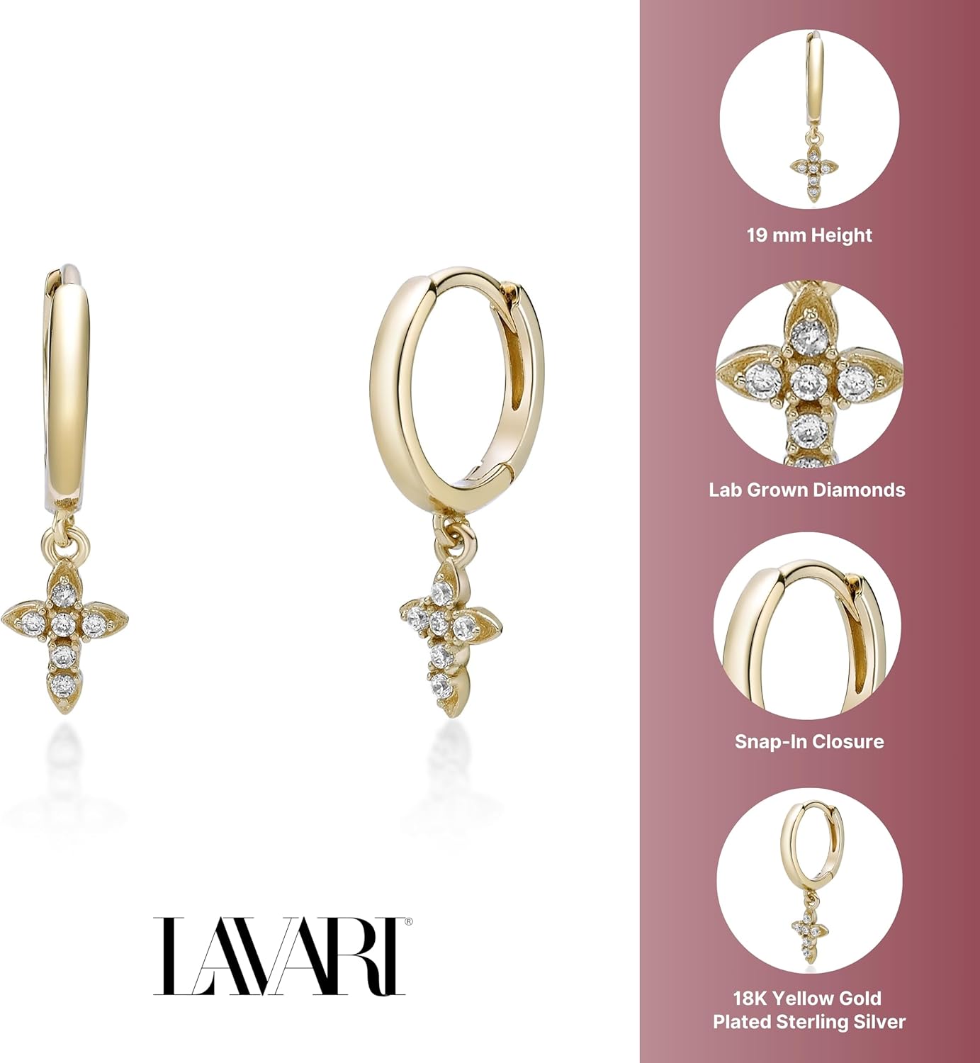 Lavari Jewelers Lab Grown Diamond Cross Huggie Hoop Earrings for Women - 18k Yellow Gold Plated 925 Sterling Silver Dangle Charms Earrings for Her (F-G, VS1-VS2, 0.077 cttw) Snap-In Hinged Hoops