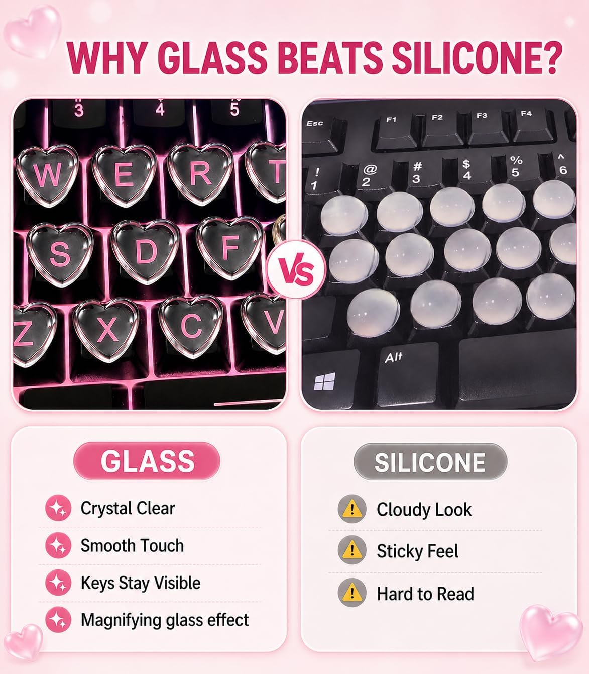 65pcs Long Nail Keyboard Bubbles, Ergonomic Raised Glass Heart Keyboard Stickers, Reusable Keyboard Nail Bubbles, No-Residue, Easy to Apply, for Desktop, External Keyboards, Calculators