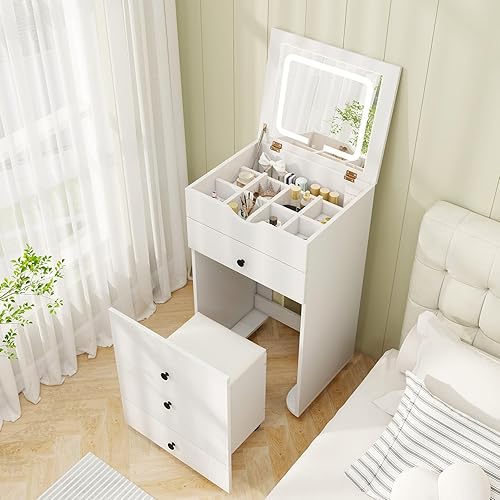 CHARMAID Small Vanity Desk Set, Makeup Vanity Table with Flip-up Lighted Mirror, Storage Bench, 2 Drawers, 8 Wheels, White Girls Dressing Table Nightstand for Small Space Bedroom
