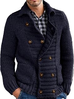 Mens Cable Knit Cardigan Sweater Stand Collar Button Down Loose Fit Long Sleeve Warm Casual Cardigans with Pockets