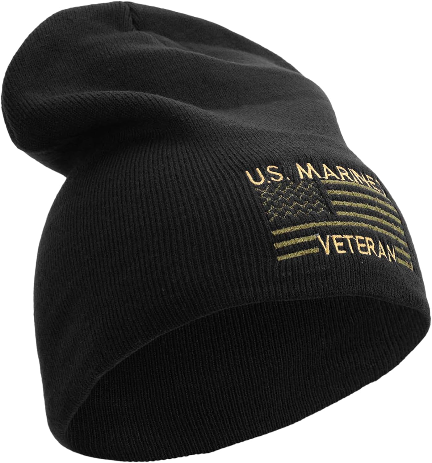 US Marine Veteran Flag Symbol Embroidered 8 Inch Short Beanie Made in USA