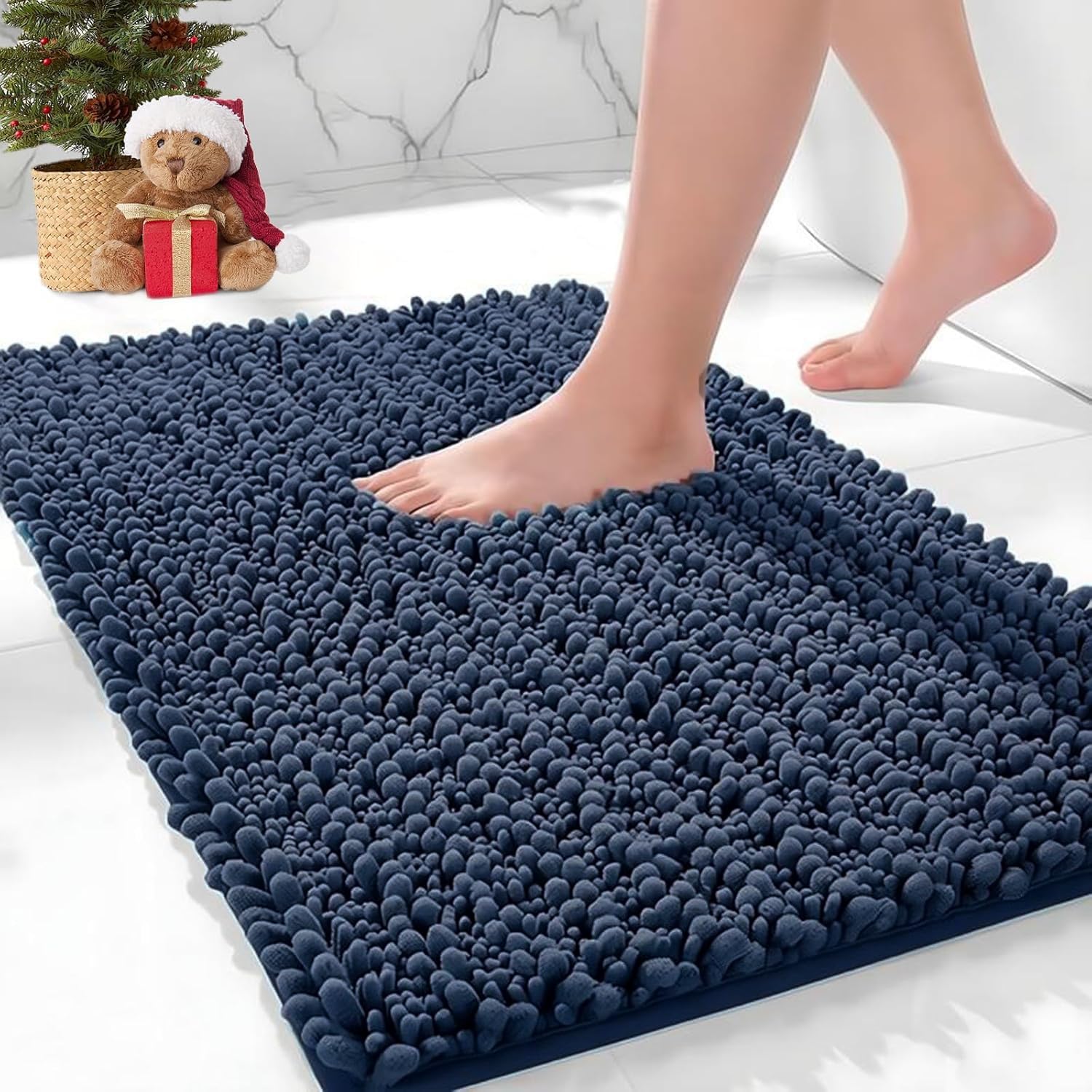 Chenille Bathroom Rugs 32x20 Absorbent Soft Non Slip, Blue