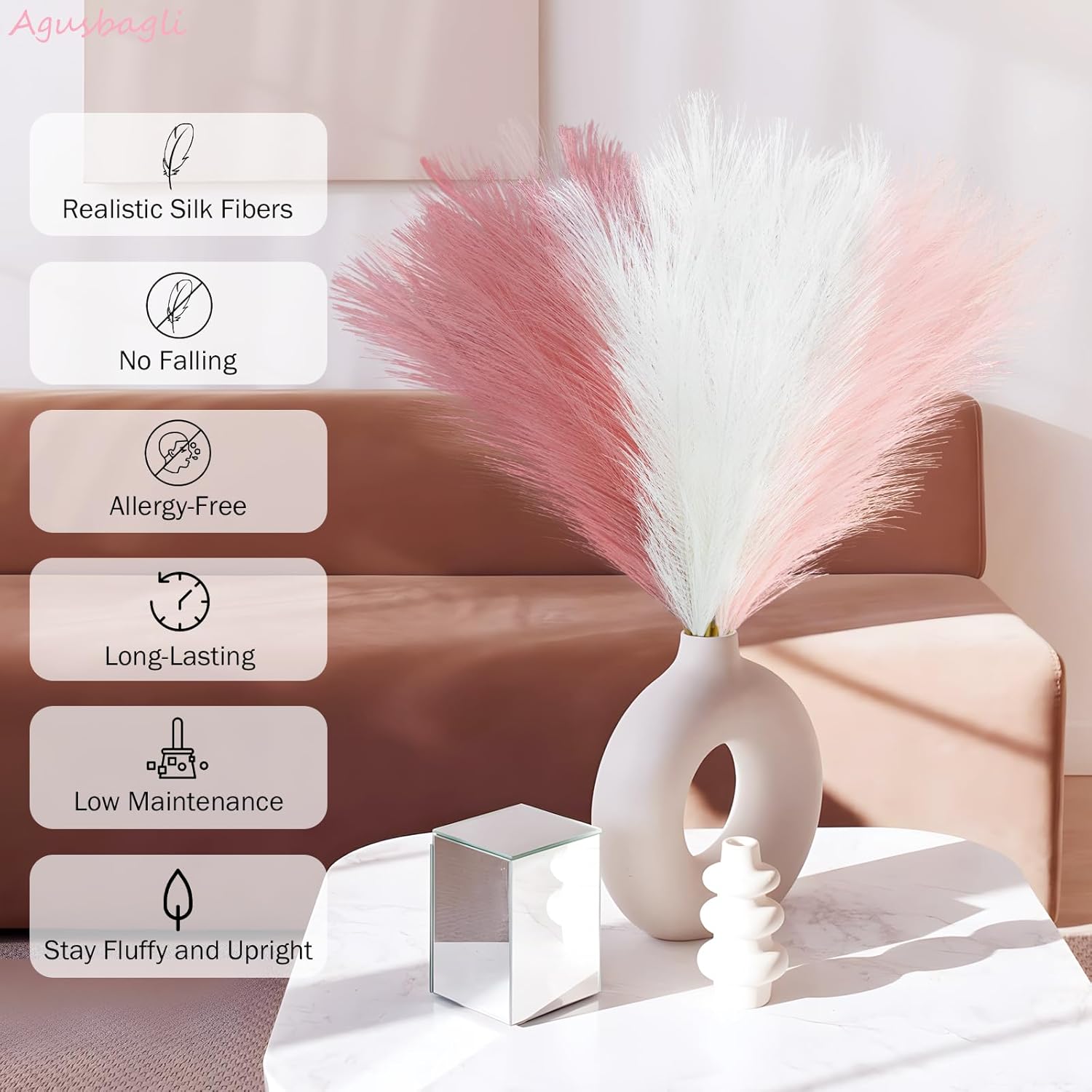 Agusbagli 150pcs Pink Faux Pampas Grass, 21.6in Fluffy Artificial Colored Pompas Grass Short Blush Fake Pampas Stems Vase Filler Flower Arrangement for Home Wedding Centerpieces Boho Decor