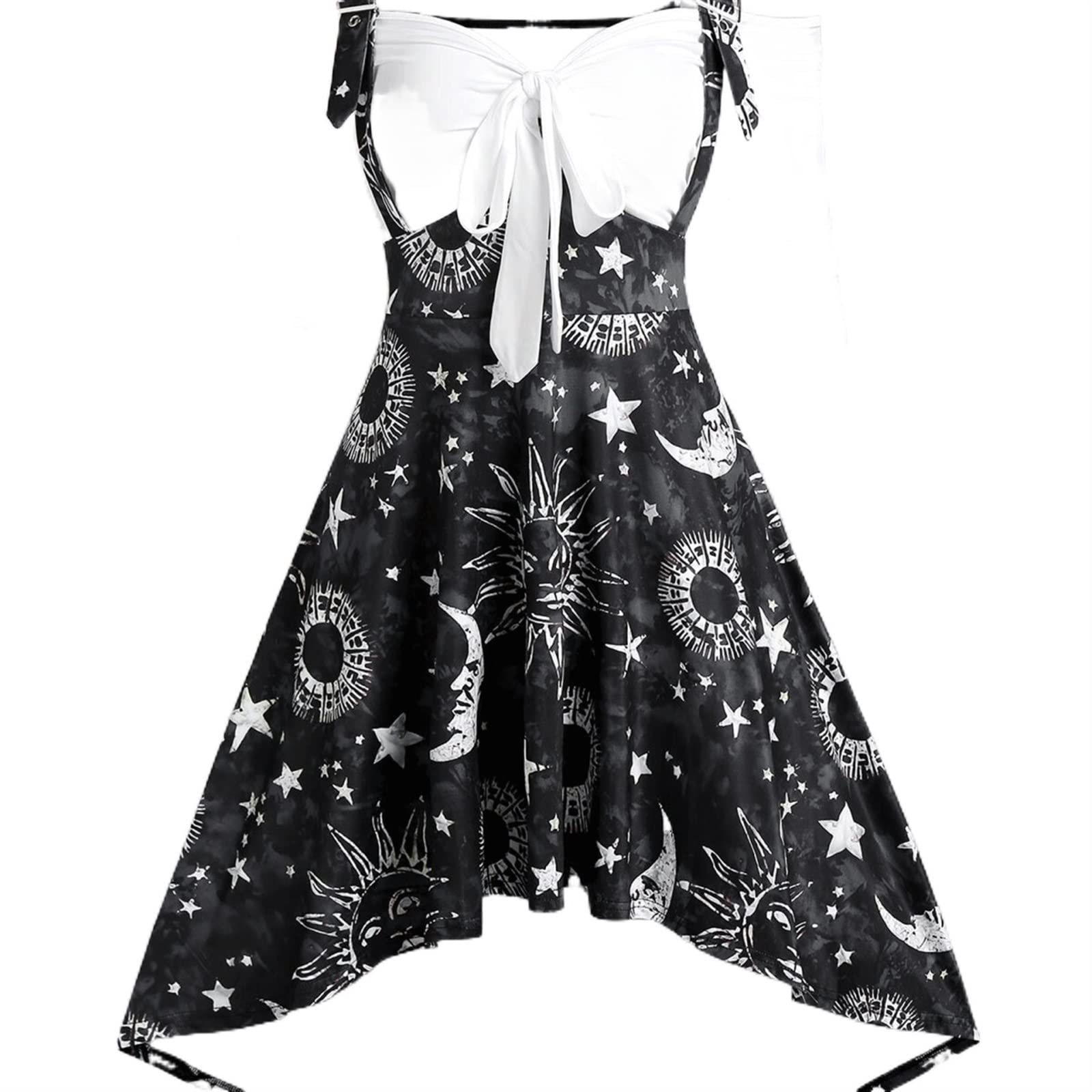 sun and moon off the shoulder dress Our Fairycore Sun, Moon & Stars, Moth Flower Print Off Shoulder Flare Sleeve Asymmetrical Hem Tie Waist Dress For Women is such a vibe