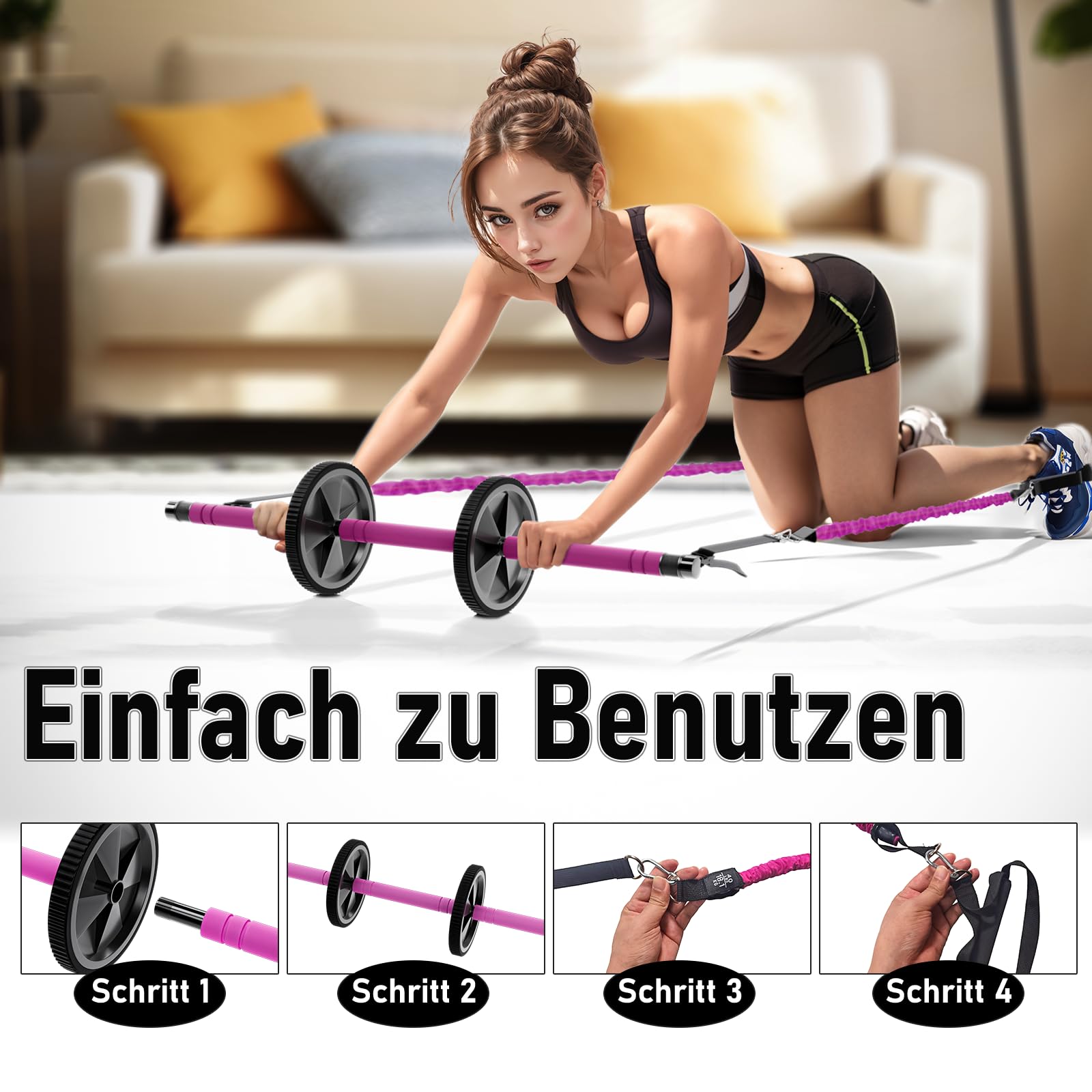 Pilates Bar Set mit 6 Widerstandsbänder, Fitnessbänder Pilates Stangen Set mit AB Rolle, 20/30/40lbs Resistance Bands, Griffe, Türanker für Krafttraining und Körperstraffung (Rosa)