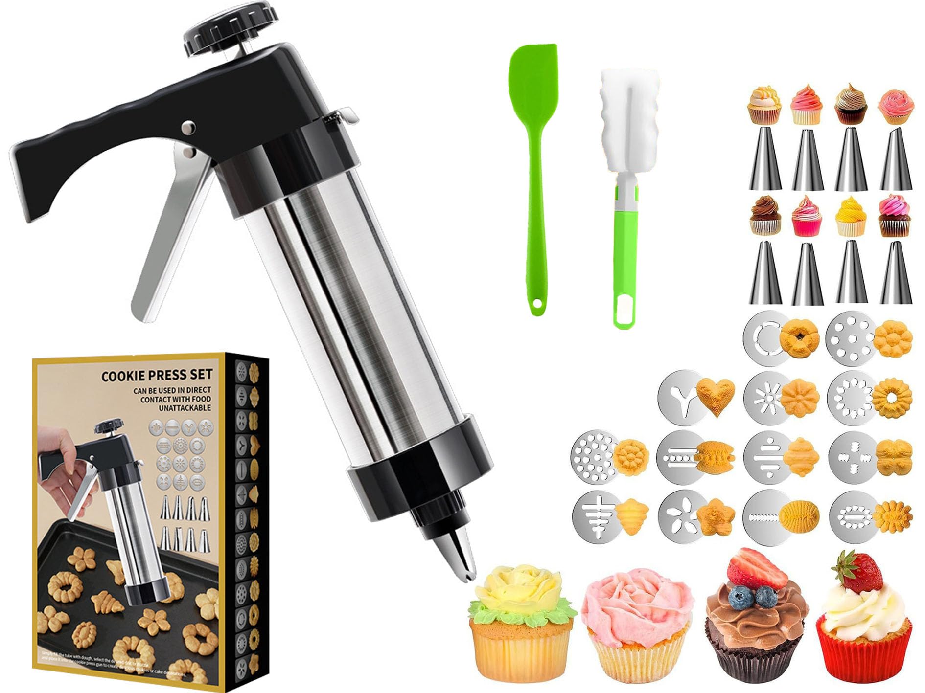 Nagyphgar Cake Decorating Syringe Set?24 Baking Supplies, Icing Piping Gun with Silicone Spatulas and Cleaning Brush, Cake Decorating Gun with 8 Piping Tips and 13 Cookie Discs