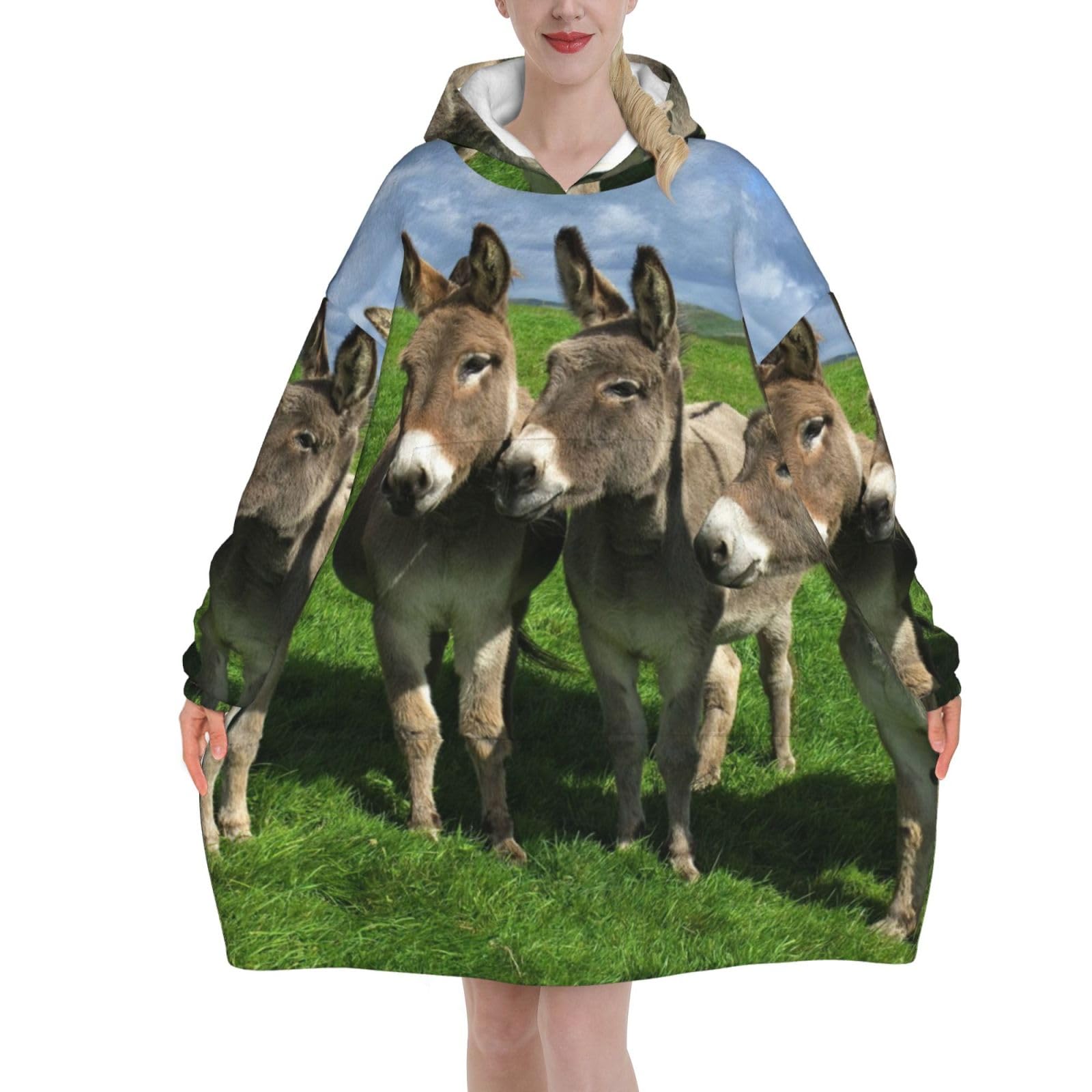 Poadnly Unisex As Picture Small Donkey Meadows,Women's Oversized Wearable Blanket Hoodie, Blanket Sweatshirt,Flannel Pullover Blanket
