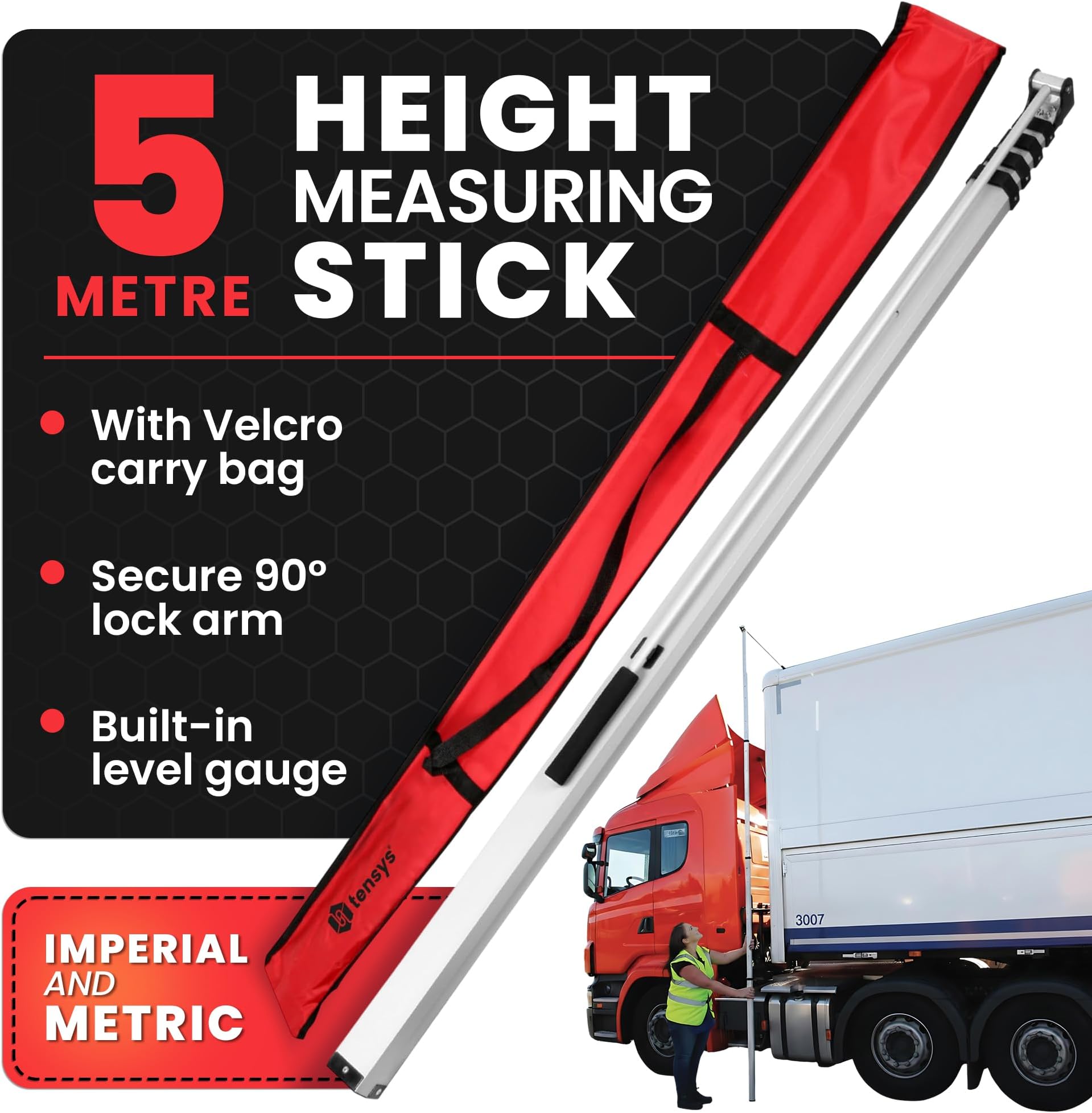 Telescopic Height Measuring Stick - Folding 5m Steel Pole for Lorry, Truck, Trailer, Caravan, Built-In Level Gauge w/Carry Bag, Foldable Sizing Device Metal Rule, Metric & Imperial Measurement