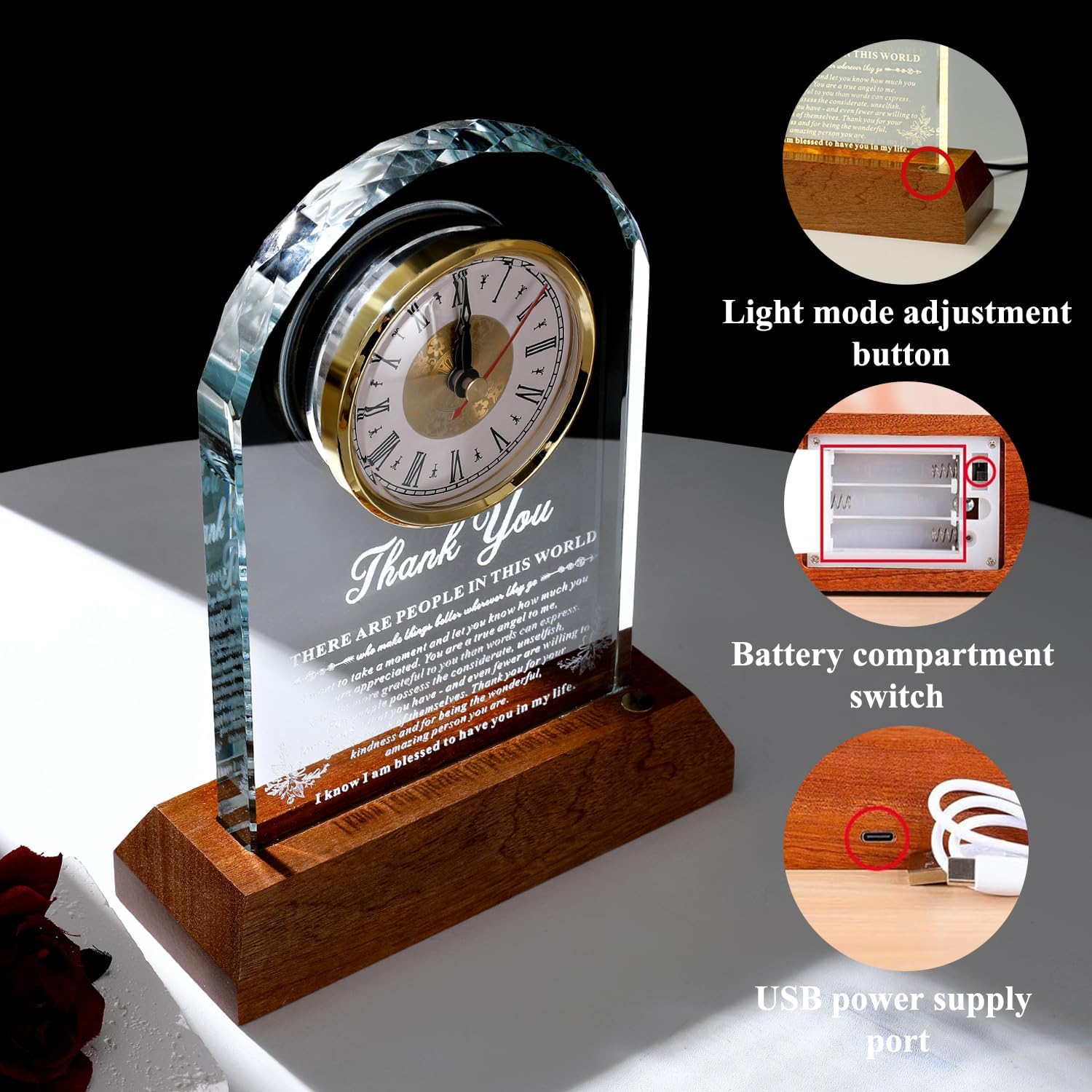 Thank You Gifts for Men Women -LED Crystal Clock with Laser Engraving 9x6.7,Appreciation Gift for Friends Teacher Hostess Nurse,Thanksgiving Gratitude Gifts for Boss Employee Coworkers - Image 4