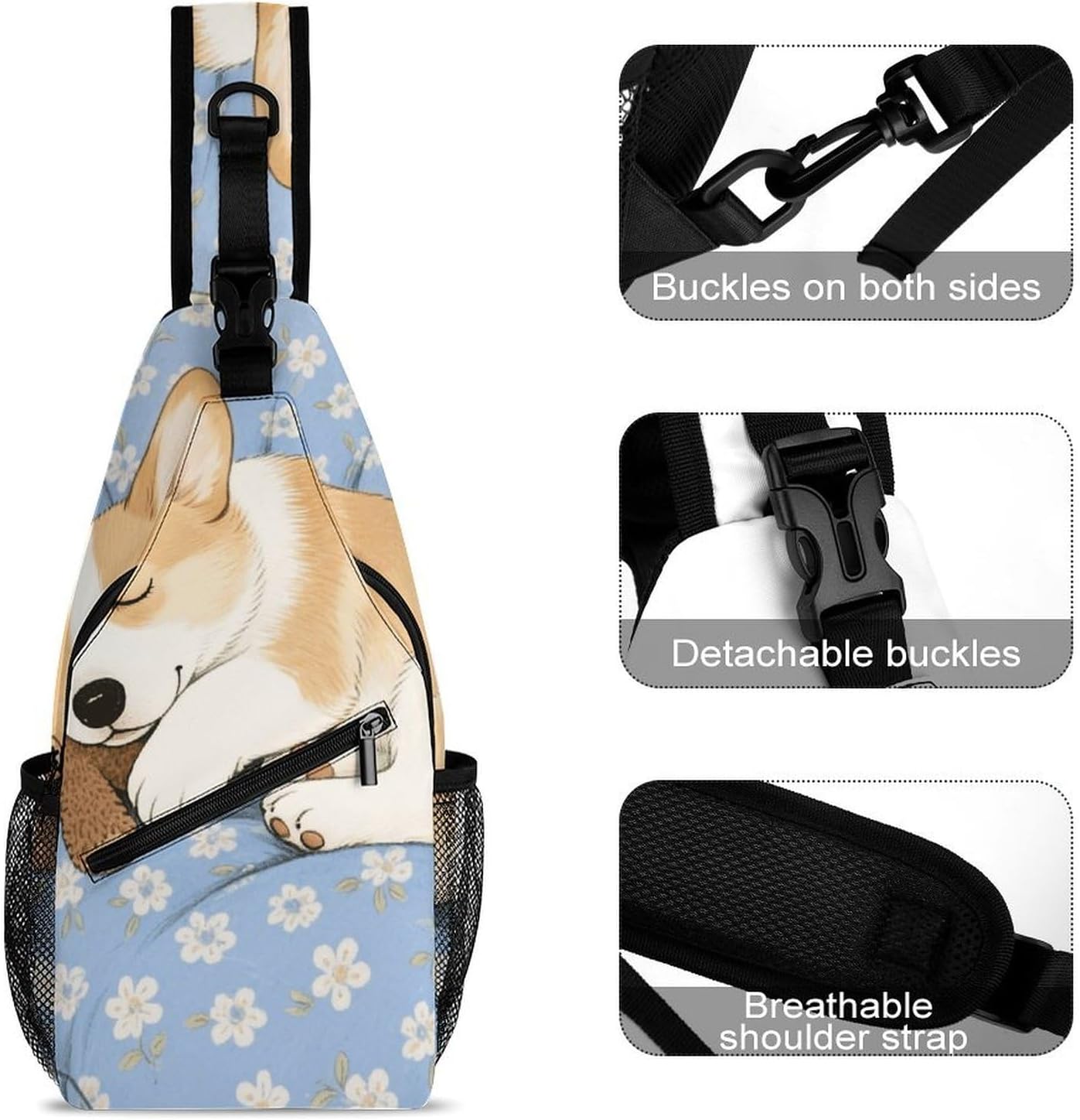 Corgi Puppy Sling Bag Small Crossbody Bags with Adjustable Strap Durable Chest Bag for Hiking Travel - Image 3