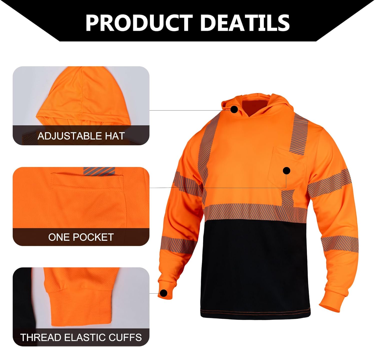 FONIRRA Safety Reflective Shirts for Men High Visibility Long Sleeve ANSI Class 3 Hi Vis Construction Work T Shirts with Hood - Image 3
