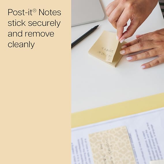 Post-it Polished Patterns, 3 x 3 in, 3 Sticky Notes Pads | Spot On Design Featuring 1 Leopard Pattern, 1 Sand Dune, and 1 Cloud Dancer Sticky Note Pad, 45 Sheets per Pad