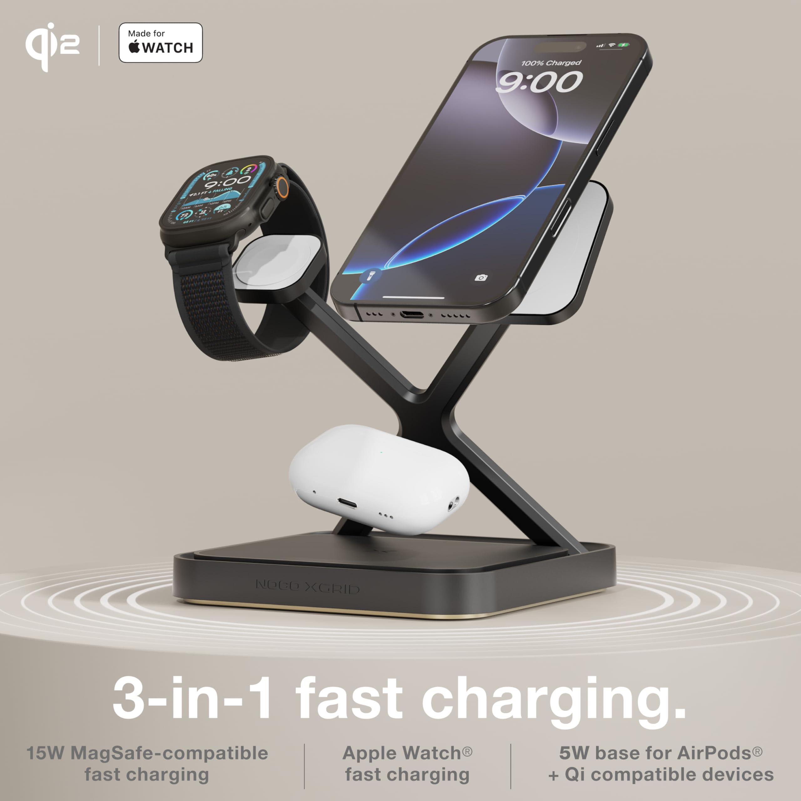 NOCO XGrid XDS3: 3‑in‑1 Wireless Lade‑Dock – Ladestation für iPhone, Apple Watch & AirPods – MagSafe‑kompatibel, Qi2 Zertifiziert – Inklusive 45 W USB‑C Netzteil & 2 m USB‑C Kabel